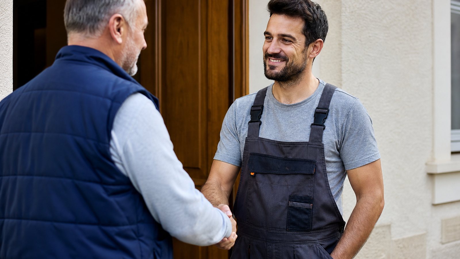 Poignée de main de confiance entre un artisan et son client sur le chantier