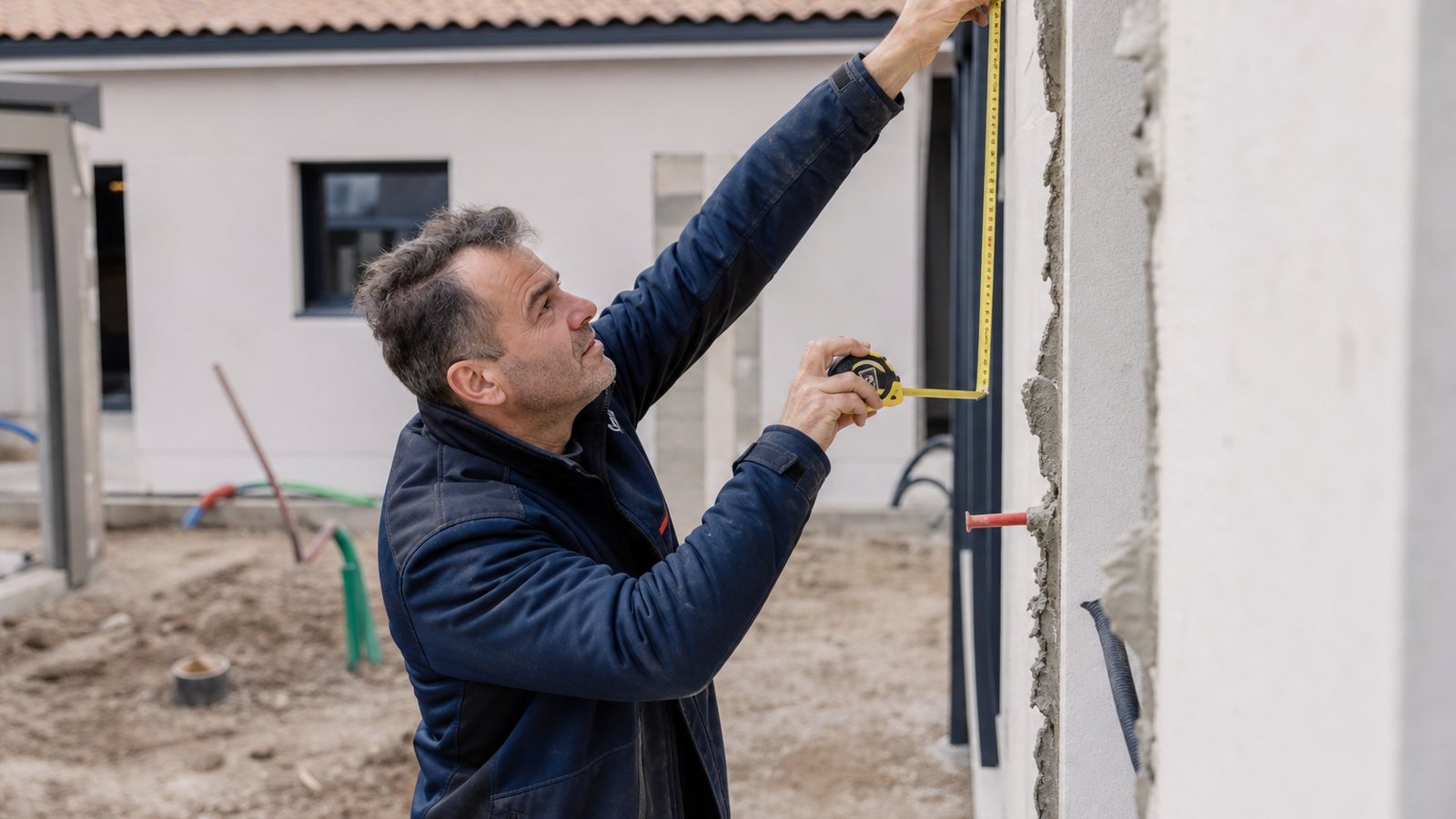Artisan mesurant et évaluant un chantier avant l'établissement du devis