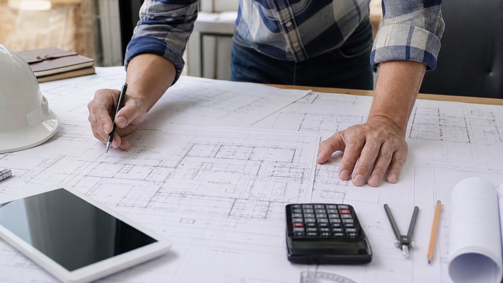 Artisan rédigeant un devis de travaux détaillé sur son bureau de chantier