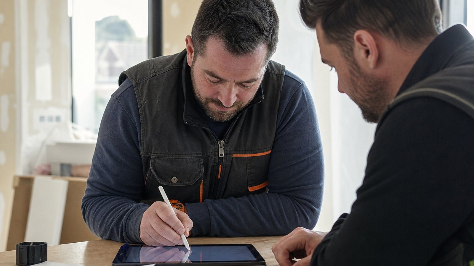 Client validant un devis d'un geste sur l'écran tactile de sa tablette